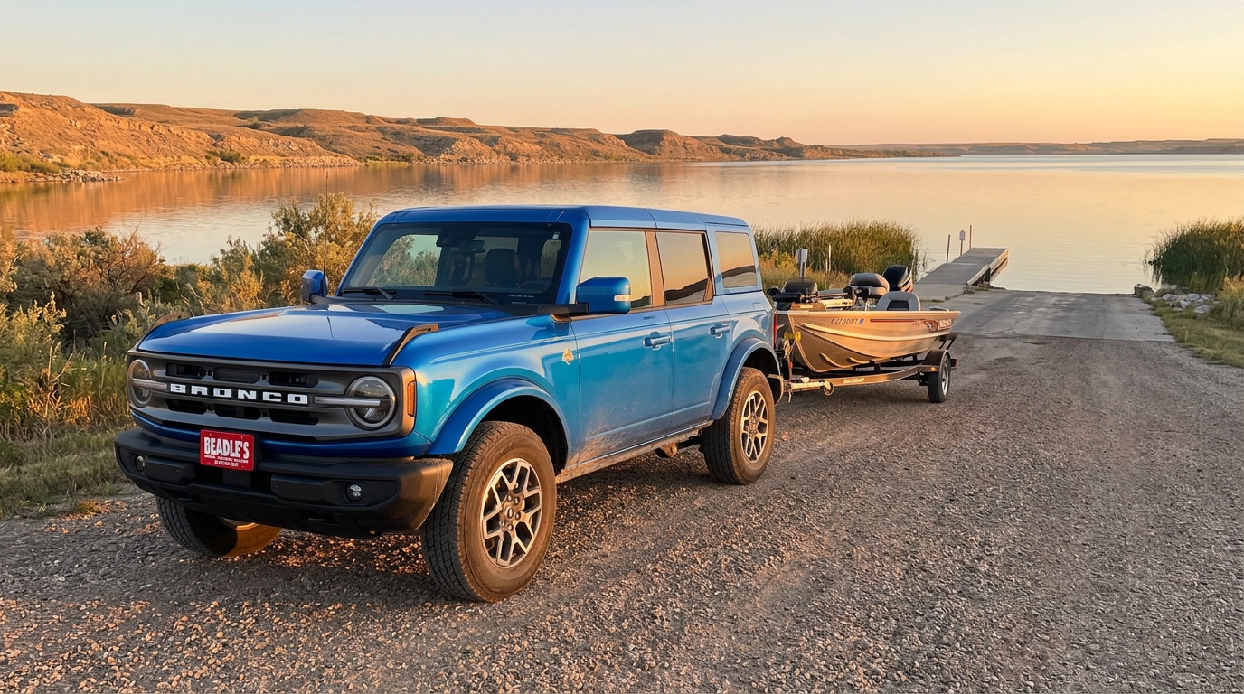 2026 Ford Bronco Outer Banks in Velocity Blue Metallic towing an aluminum bass boat on a single-axle trailer to a Lake Oahe boat ramp
