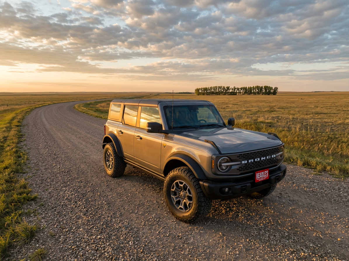 2026 Ford Bronco Badlands trim shown in Marsh Gray on a central South Dakota prairie road