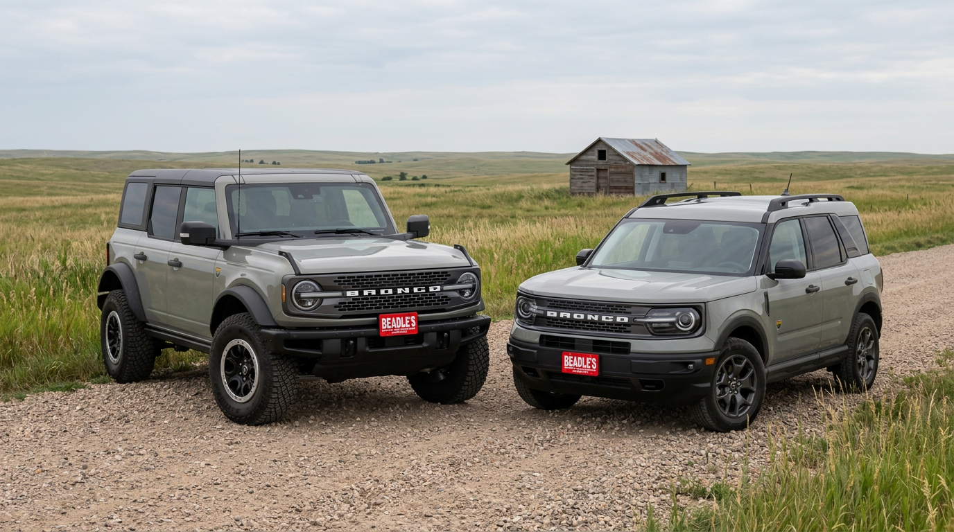 2026 Ford Bronco Badlands and 2026 Ford Bronco Sport parked side-by-side at Beadle Ford in Bowdle, SD, comparing the body-on-frame and unibody body styles