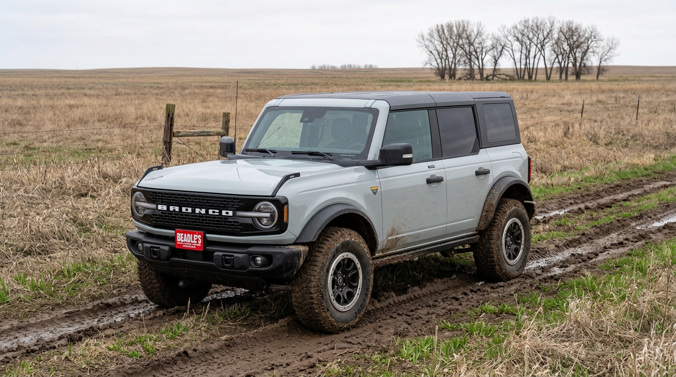 2026 Ford Bronco Badlands with Sasquatch Package on a muddy CRP two-track in central South Dakota