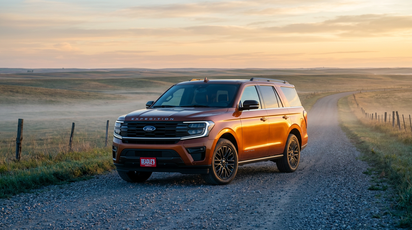 2027 Ford Expedition in Bronze Fire Metallic Tri-coat on a prairie gravel road at sunrise near Bowdle SD