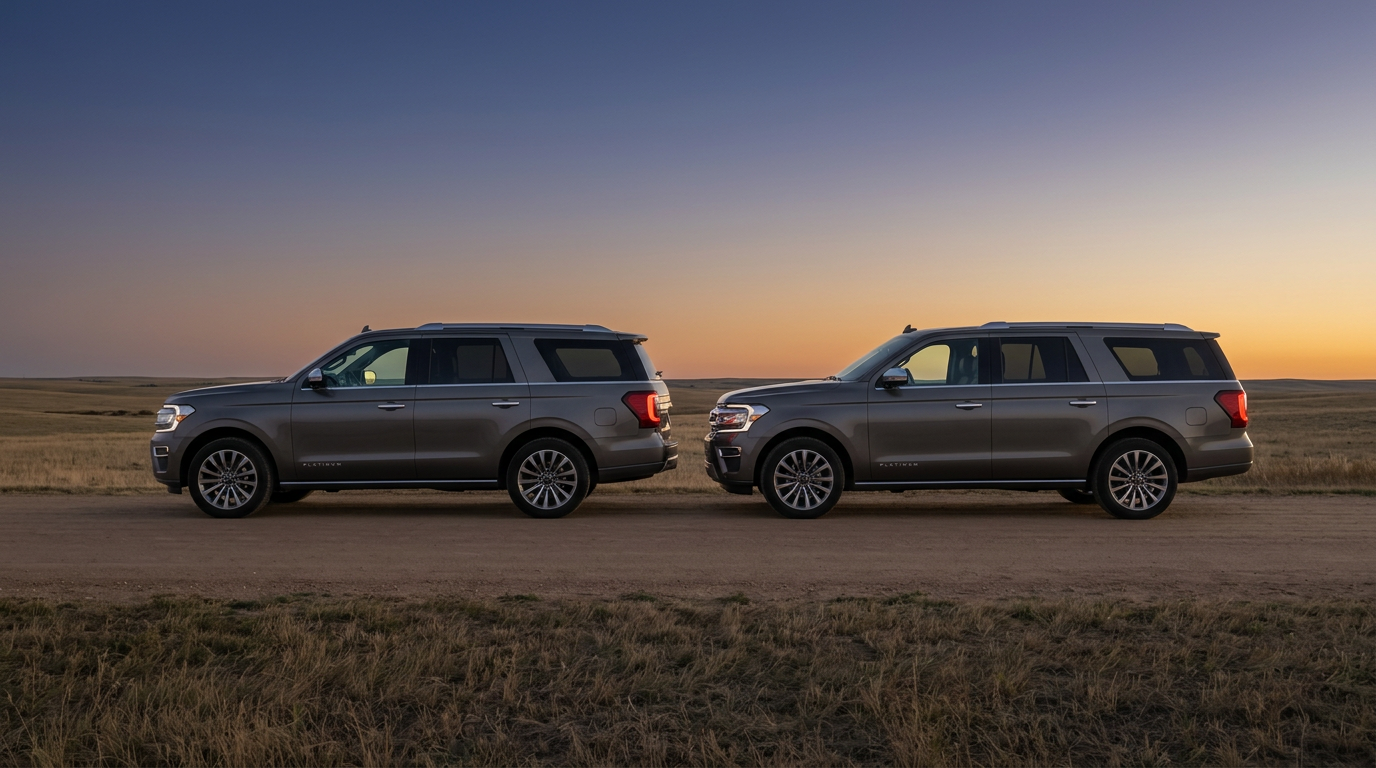 2027 Ford Expedition and Expedition MAX side by side at dusk showing the length difference, Beadle Ford Bowdle SD