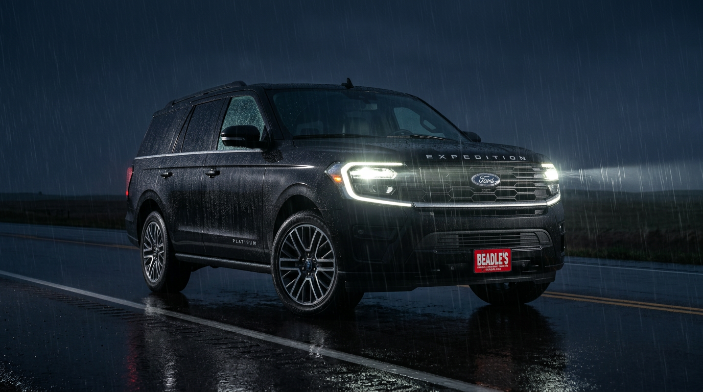 2027 Ford Expedition Platinum in Agate Black at night in the rain with signature lighting, Beadle Ford Bowdle SD