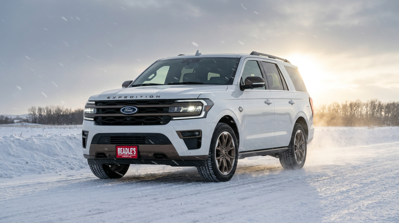 2027 Ford Expedition in Star White Metallic on a snowy South Dakota highway near Bowdle