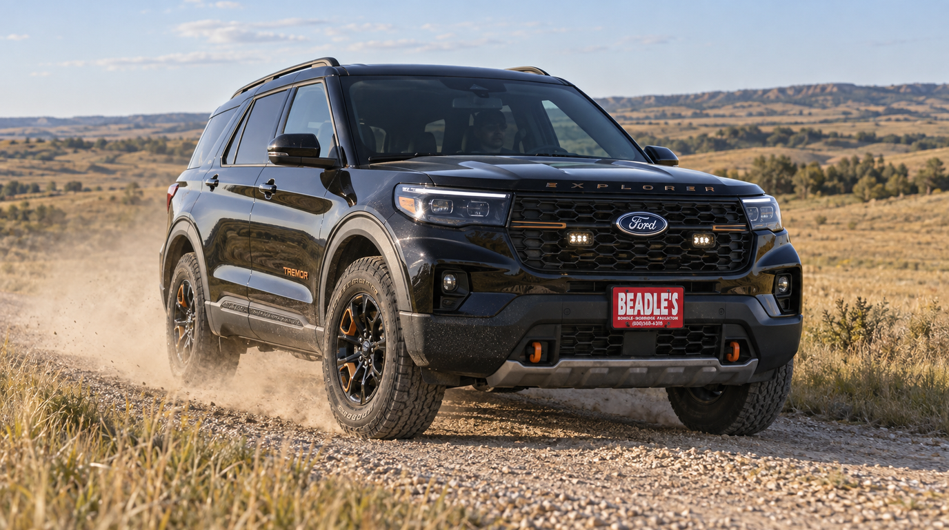 2027 Ford Explorer Tremor on a gravel two-track in South Dakota, the Explorer Tremor now with an available 3.0L V6 at Beadle Ford