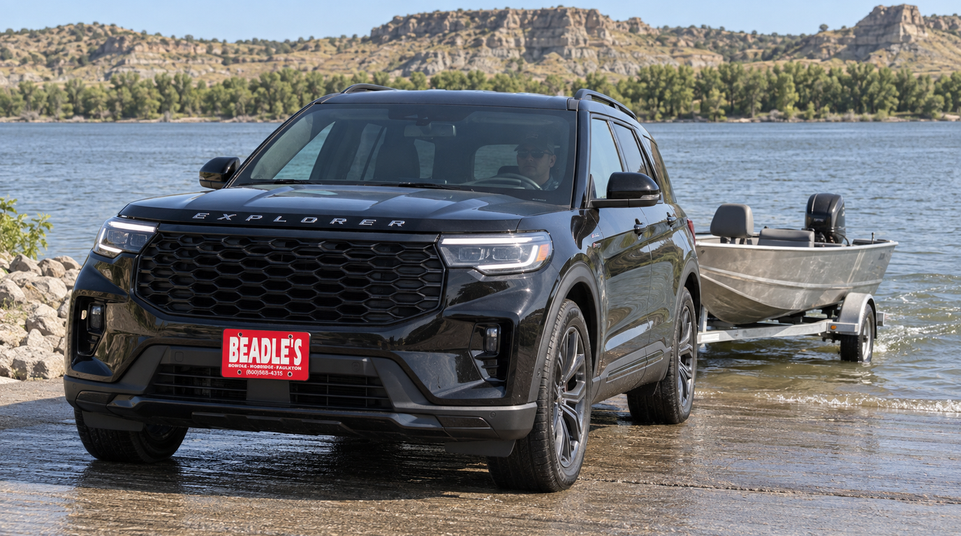 2027 Ford Explorer towing a fishing boat at a Lake Oahe boat ramp, 5,000-lb towing at Beadle Ford in Bowdle SD