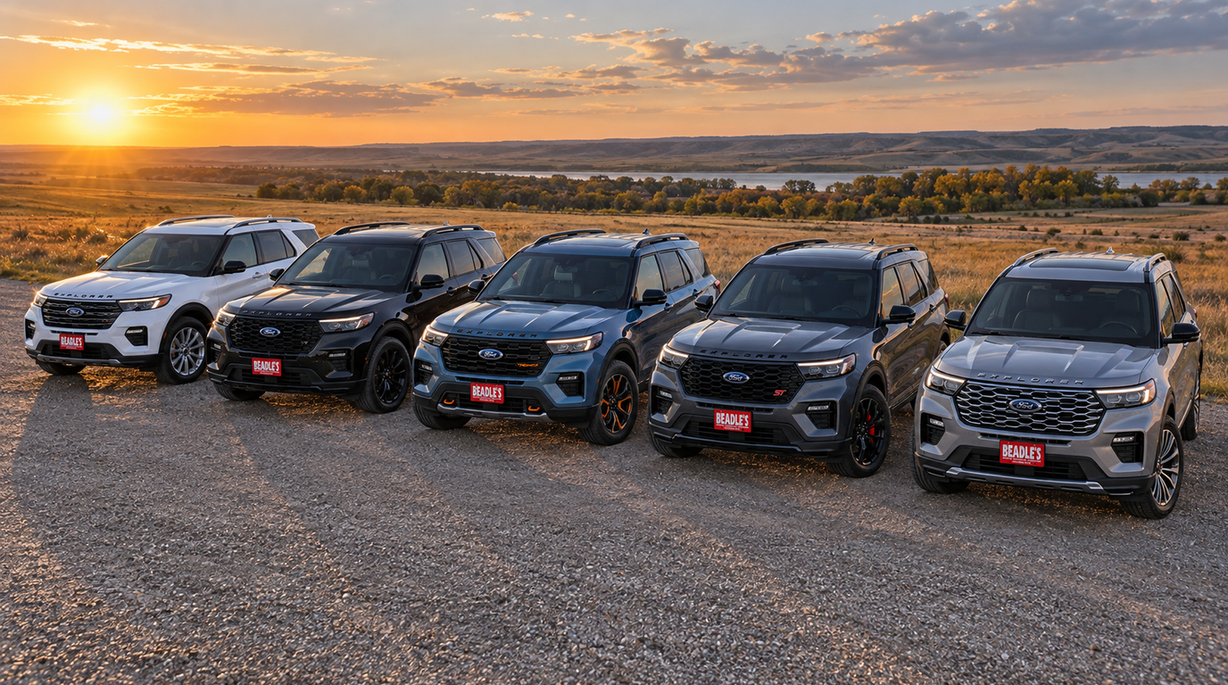 2027 Ford Explorer trim lineup, Active, ST-Line, Tremor, ST, and Platinum, on the lot at Beadle Ford in Bowdle SD