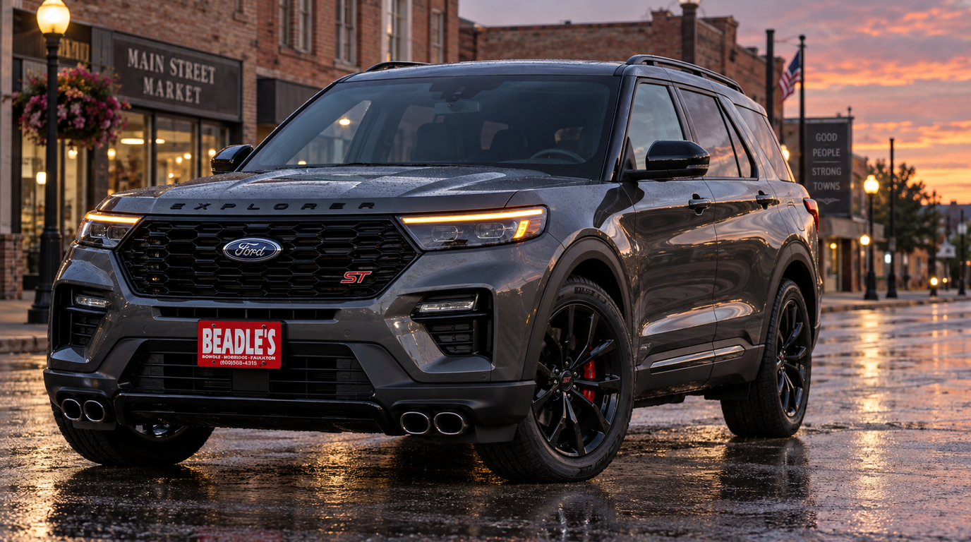 2027 Ford Explorer ST with the new Sinister Package on a wet South Dakota main street at dusk, Beadle Ford Bowdle