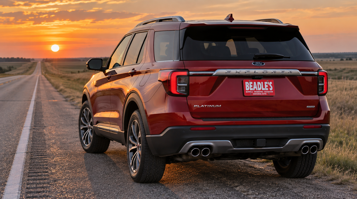 2027 Ford Explorer Platinum in Ruby Red with the newly available 3.0L V6 on a South Dakota highway, Beadle Ford
