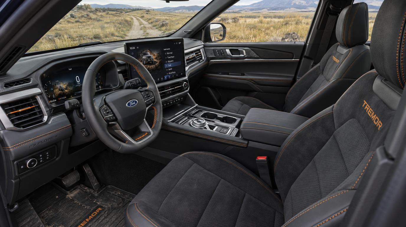 2027 Ford Explorer Tremor interior with Miko suede seats and Electric Spice stitching, Beadle Ford in Bowdle SD
