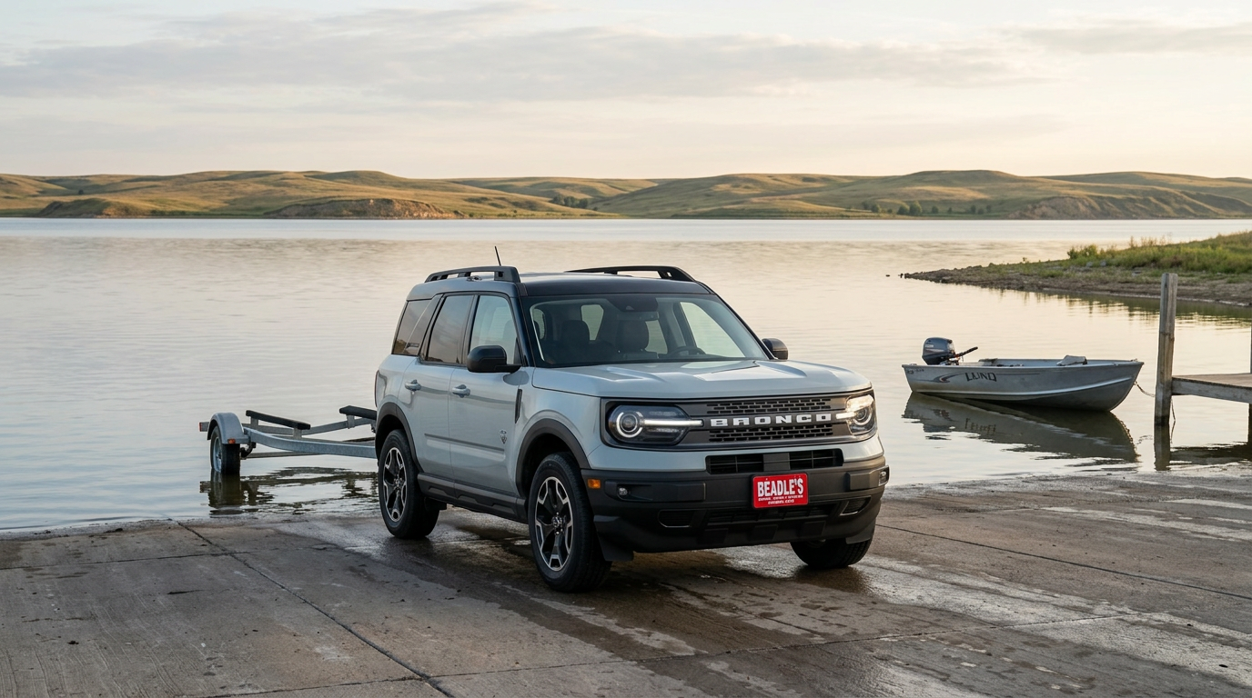 2026 Ford Bronco Sport at Lake Oahe boat ramp trailer hitch visible SD