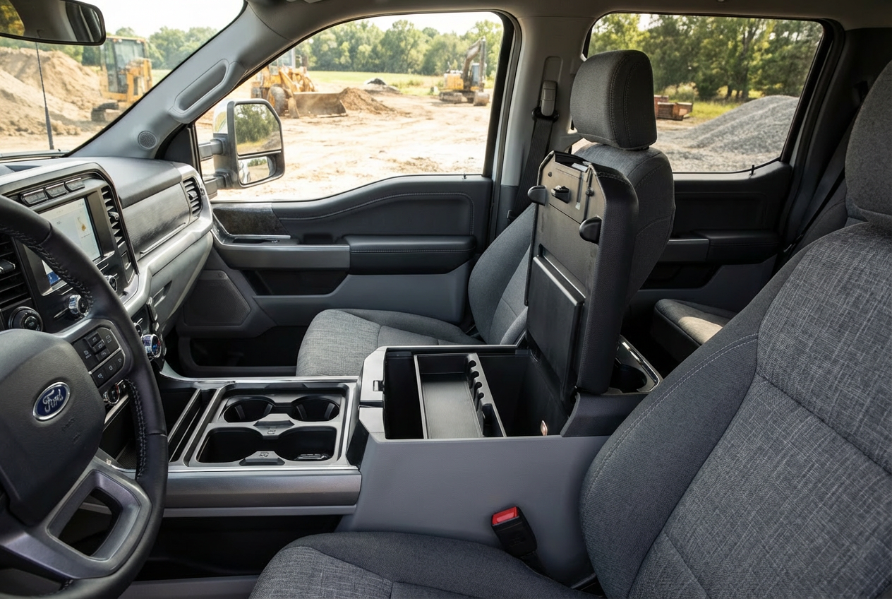 Interior storage and rear seating space in the 2026 Ford F-250 Crew Cab