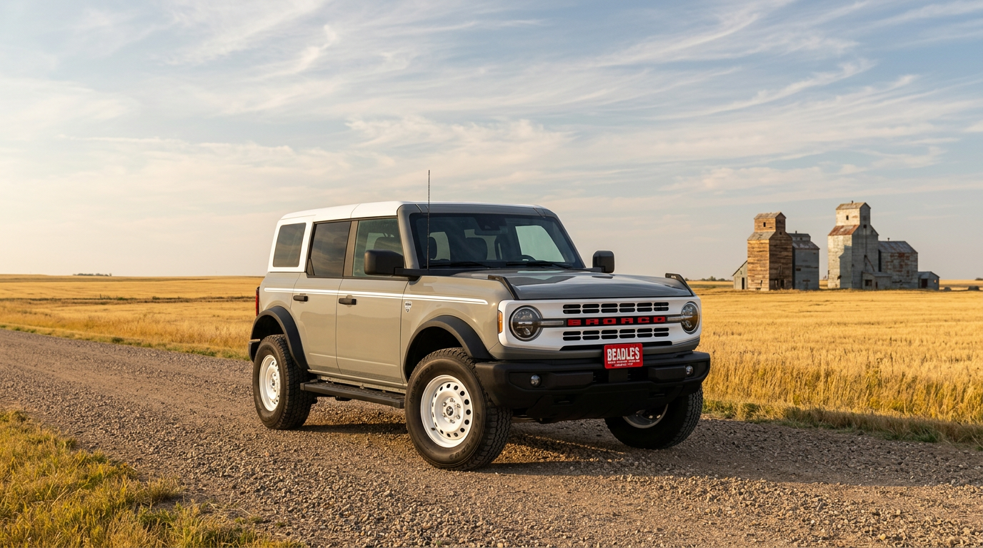 2026 Ford Bronco Heritage Edition with Oxford White-painted hardtop attached, parked near a South Dakota grain elevator in late winter light
