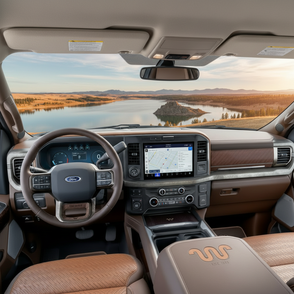 Western-styled interior of the 2026 Ford F-250 King Ranch