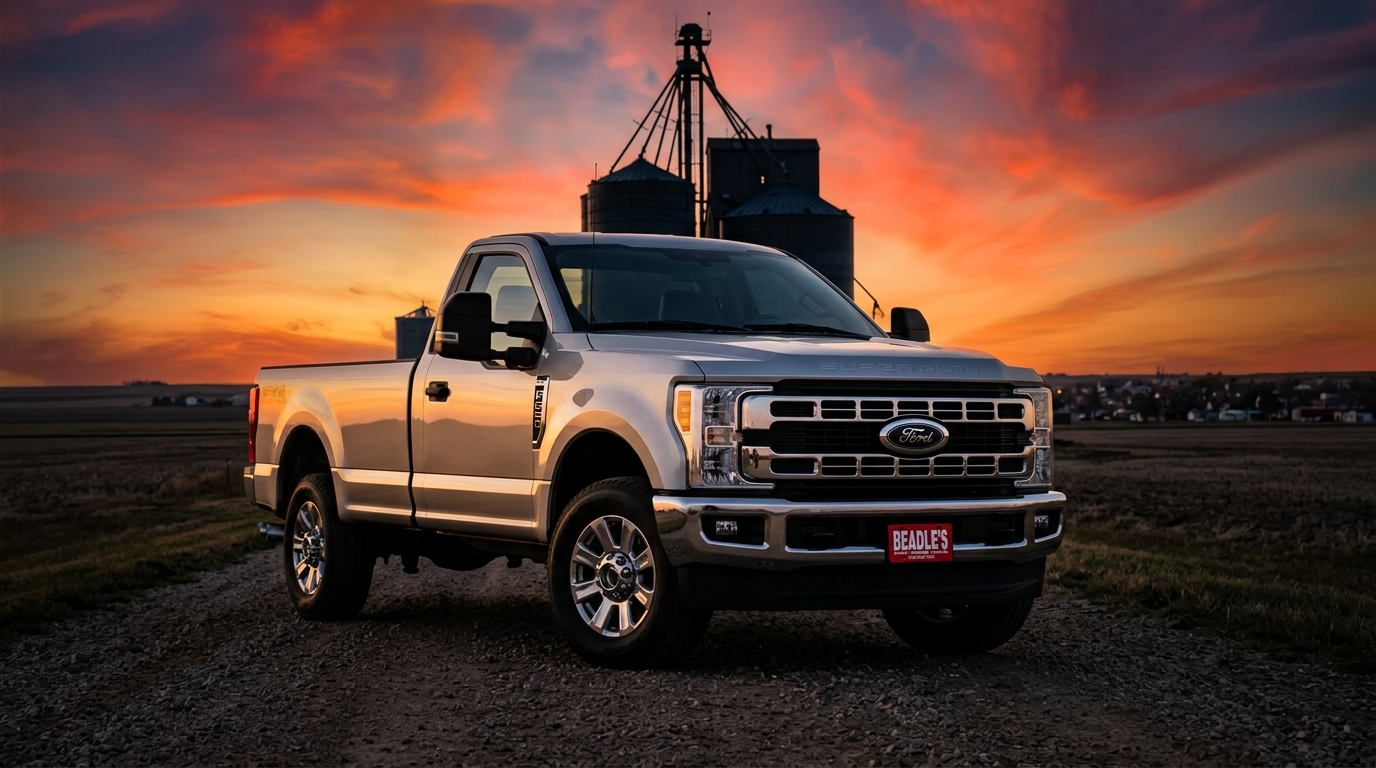 2027 Ford F-350 XLT in Iconic Silver Metallic by a South Dakota grain elevator at sunset