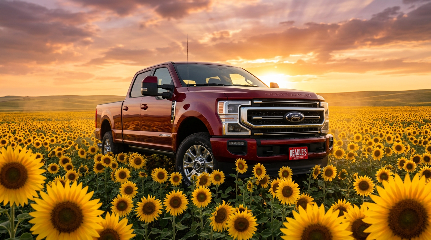 2027 Ford F-350 Lariat in Ruby Red Metallic in a South Dakota sunflower field
