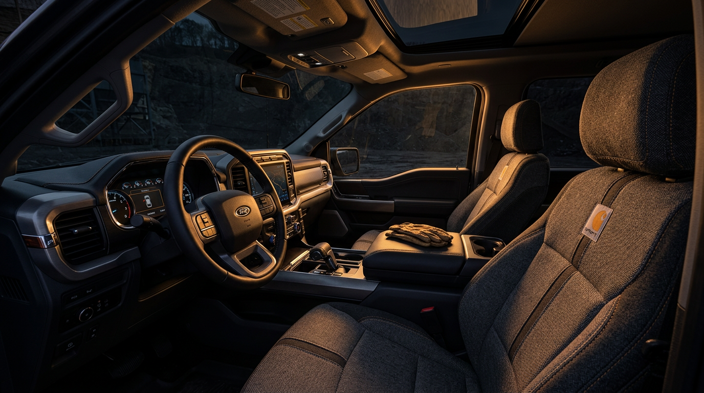 2027 Ford F-350 Carhartt Edition interior with branded work-grade seating and trim