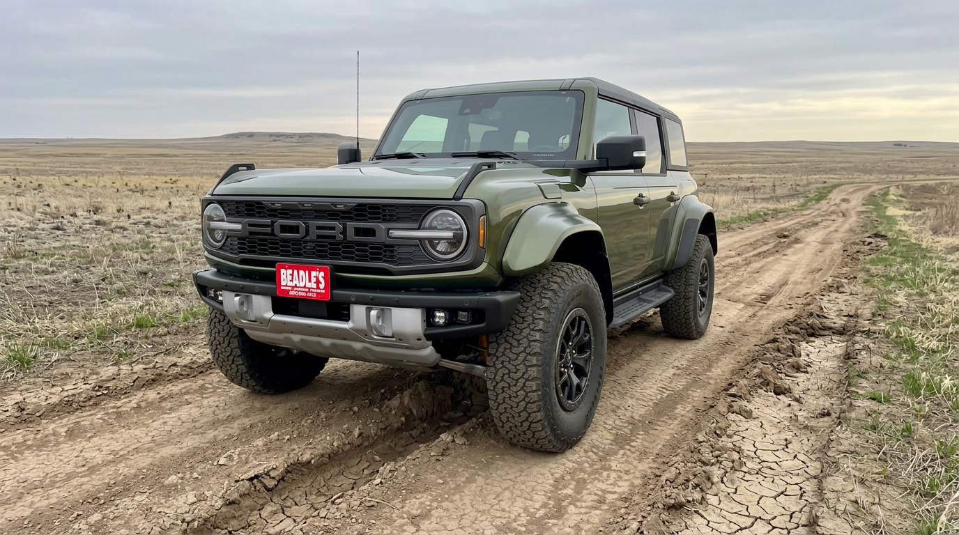 2026 Ford Bronco 4-Door Raptor in Shelter Green Metallic on a rutted section-line dirt road in central South Dakota