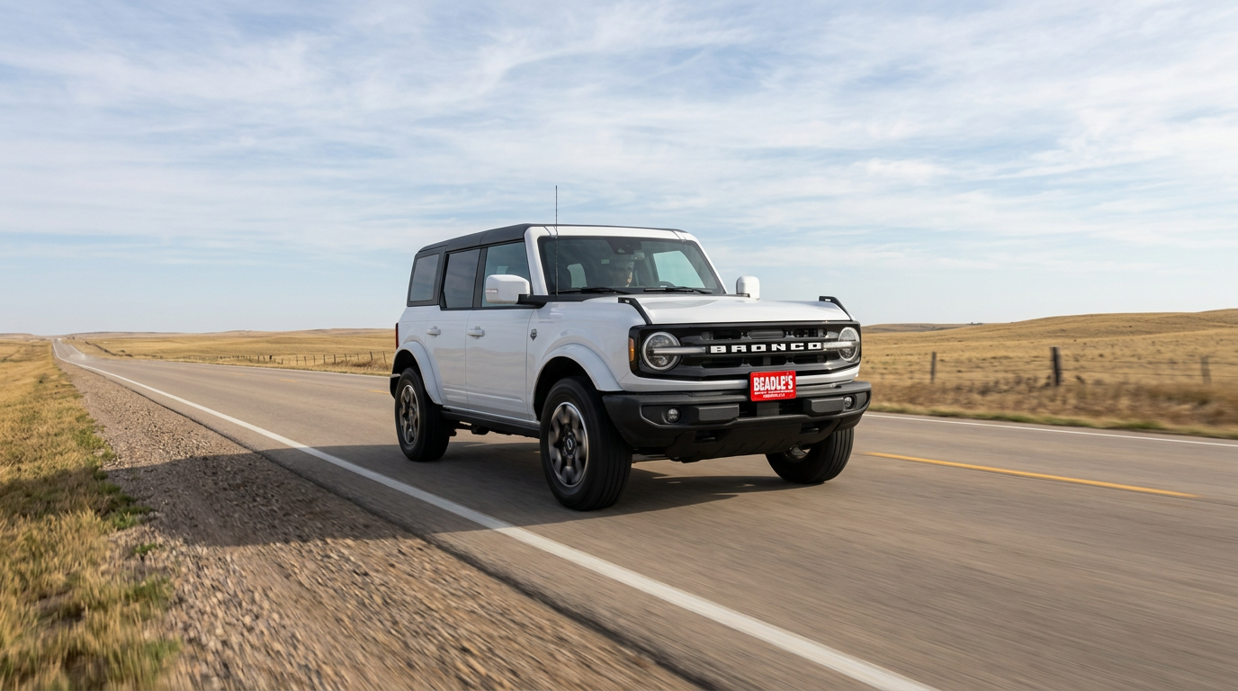 2026 Ford Bronco Outer Banks in Velocity Blue Metallic in motion on a two-lane South Dakota highway, prairie horizon