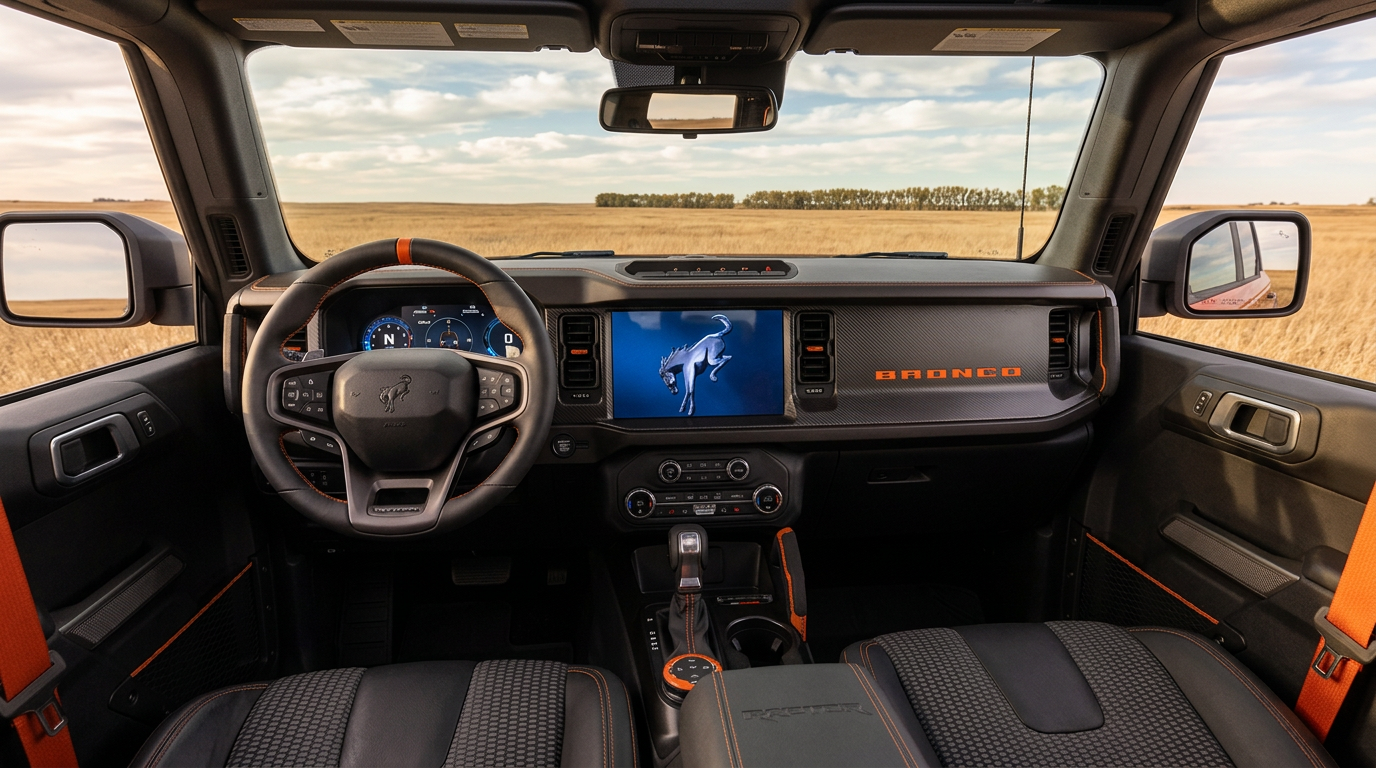 2026 Ford Bronco Raptor cabin with Code Orange Appearance Package, carbon fiber accents, and the Bronco horse logo on the steering wheel — Beadle Ford, Bowdle, SD