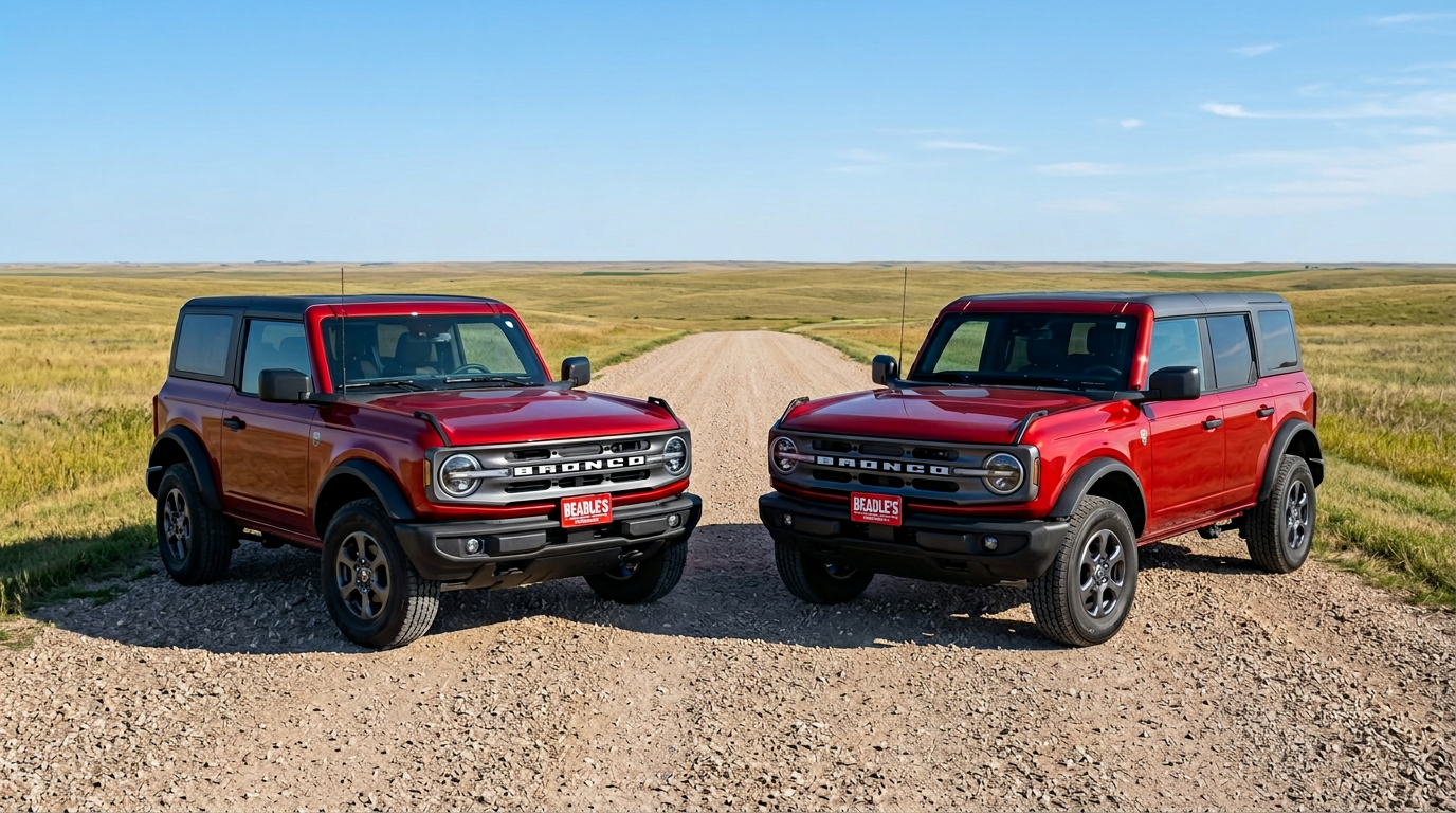 2026 Ford Bronco 2-Door and 4-Door Big Bend models parked side-by-side in Ruby Red, comparing wheelbase length on a central South Dakota gravel road
