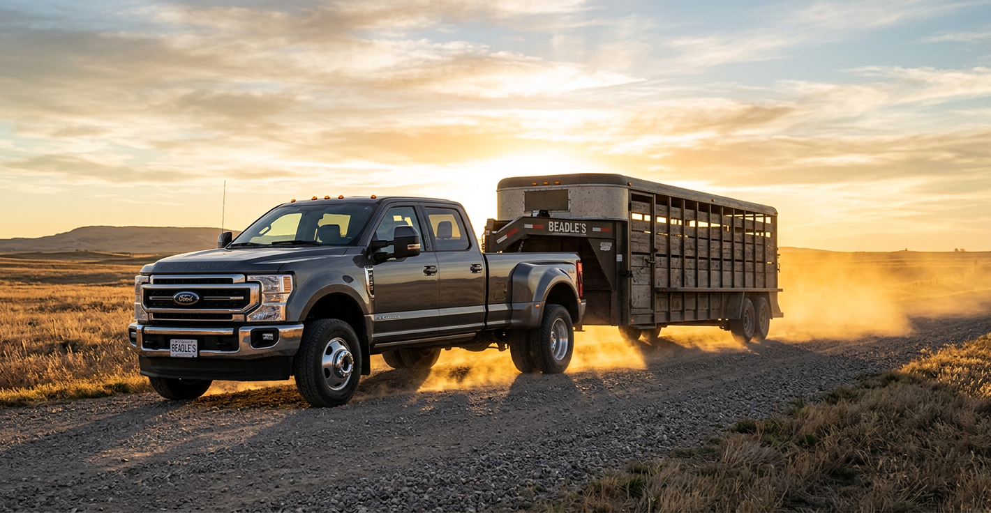 2027 Ford F-350 dually in Carbonized Gray towing a loaded gooseneck stock trailer on a gravel ranch road