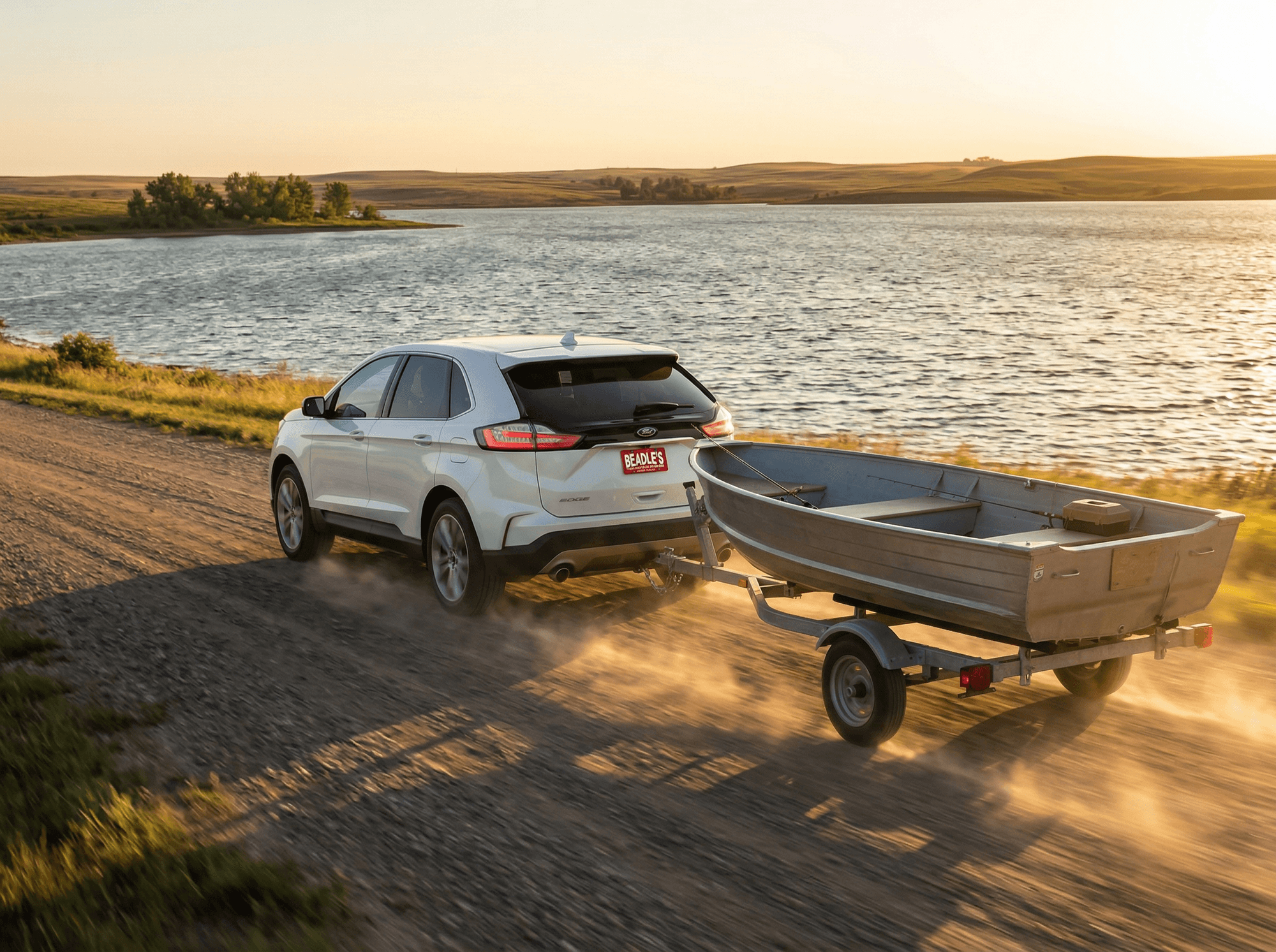 Ford Edge towing boat trailer at Lake Oahe South Dakota