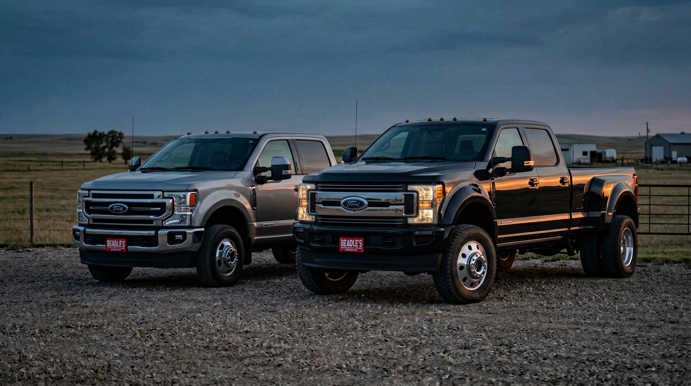 2027 Ford F-350 dually beside a 2027 Ford F-450 dually on a ranch lot at dusk