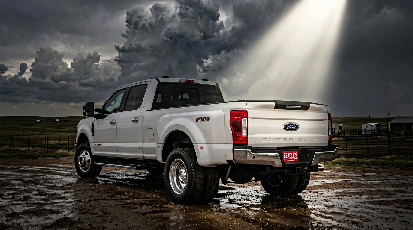2027 Ford F-350 dually Lariat in Oxford White under a breaking storm on a South Dakota ranch