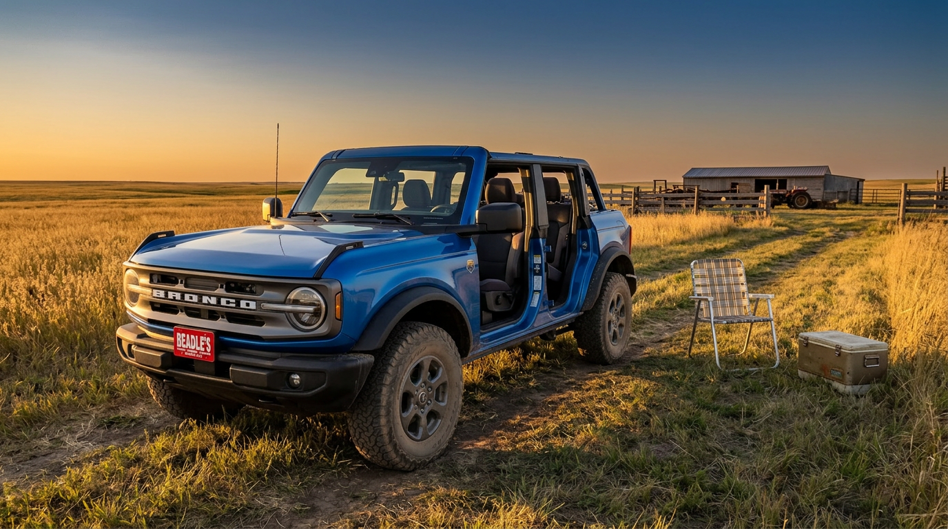 2026 Ford Bronco in doors-off configuration parked at a hay meadow on a central South Dakota ranch on a summer evening, lawn chair beside the open passenger side