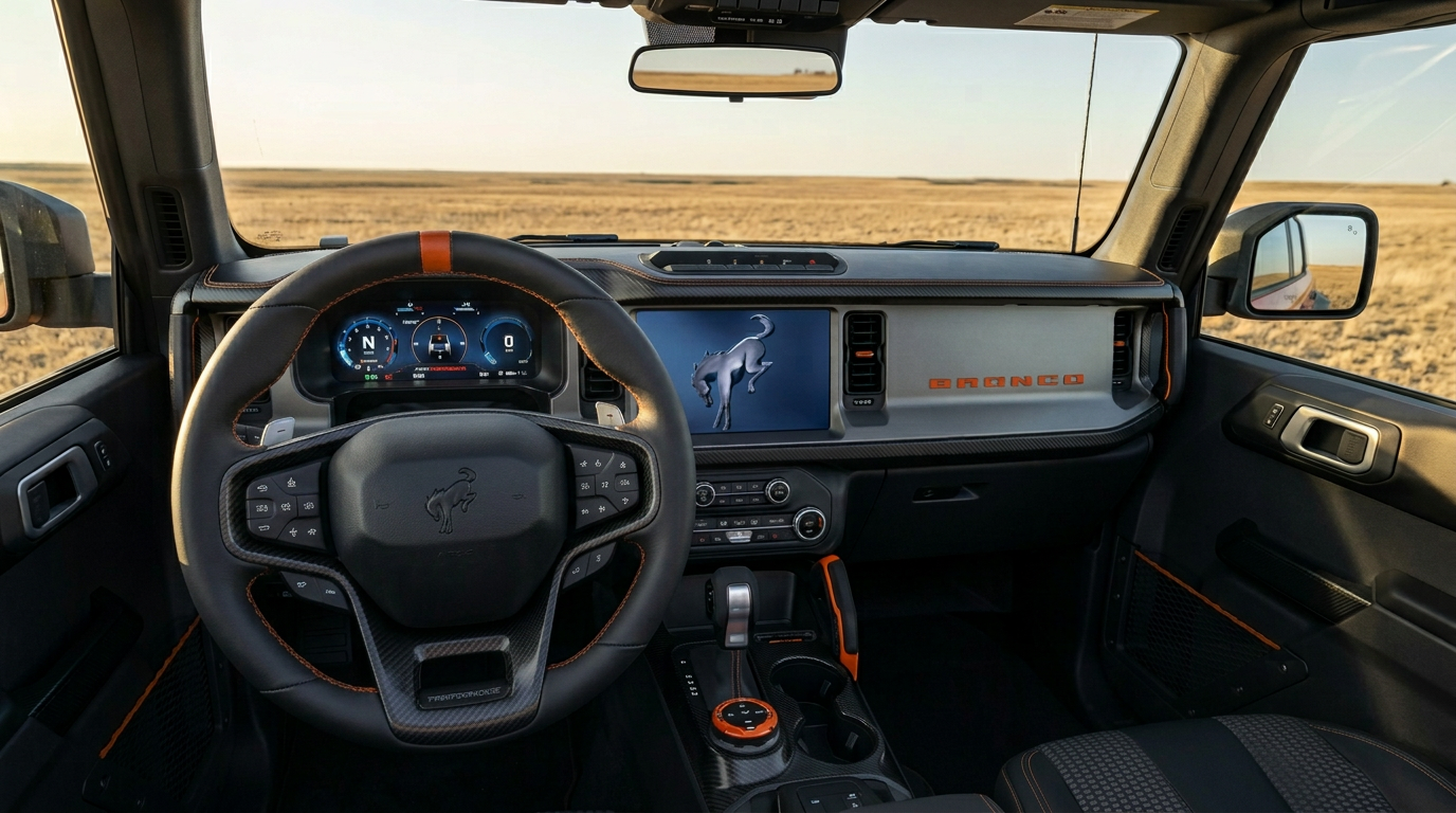 Dashboard view of the 2026 Ford Bronco showing the heated steering wheel, 12-inch SYNC 4 display, and digital cluster — Beadle Ford in Bowdle, SD