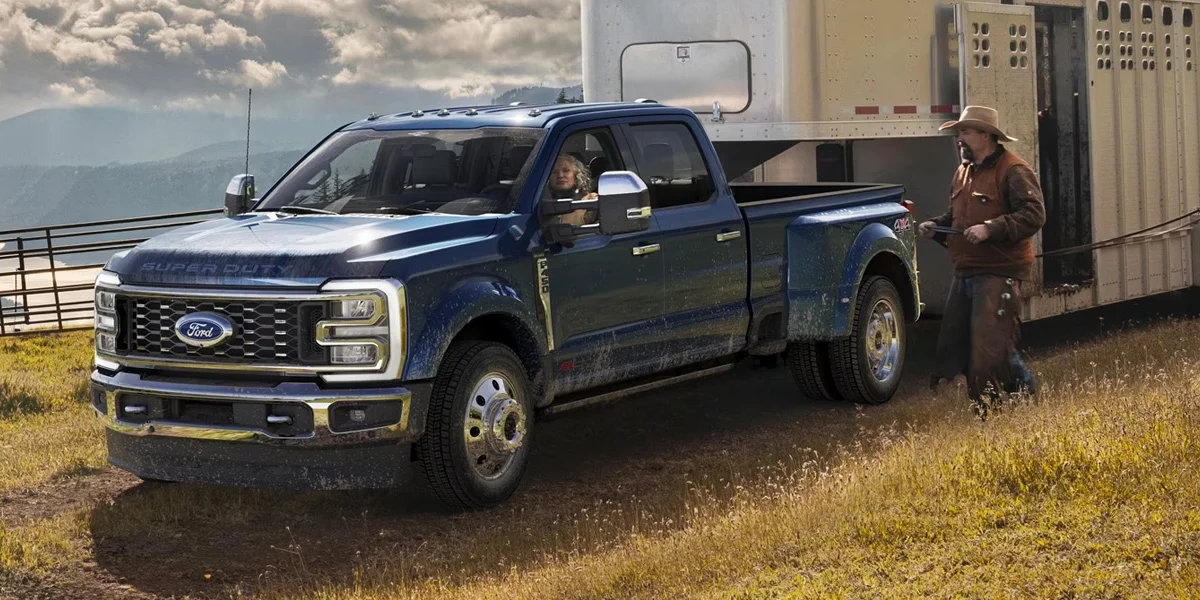 A Ford Super Duty truck hauling a trailer