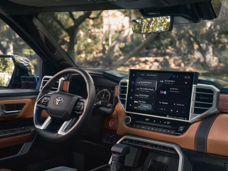 Interior of the 2026 Toyota Tundra Capstone with leather-trimmed seats and 14-inch touchscreen