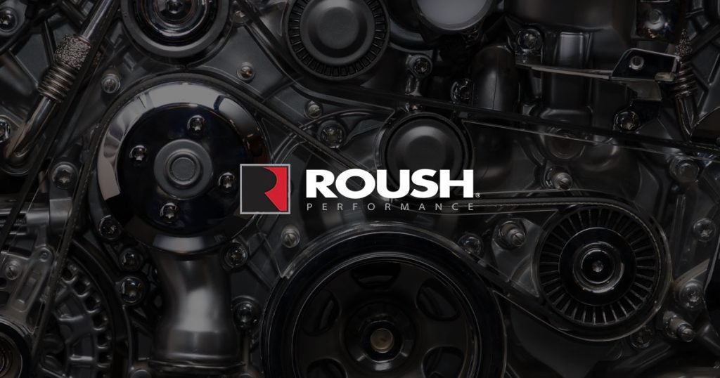 Roush Performance logo over the top of dark mechanical parts