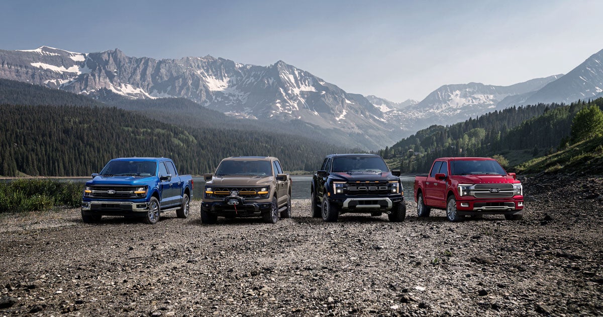 A Ford line-up of several Ford truck models parked off-road