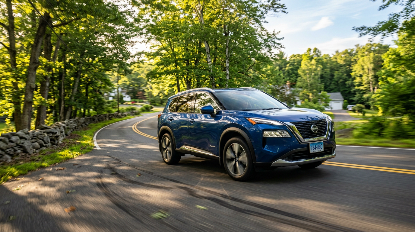 Blue Nissan SUV driving along a winding, tree-lined road with motion blur on the wheels.
