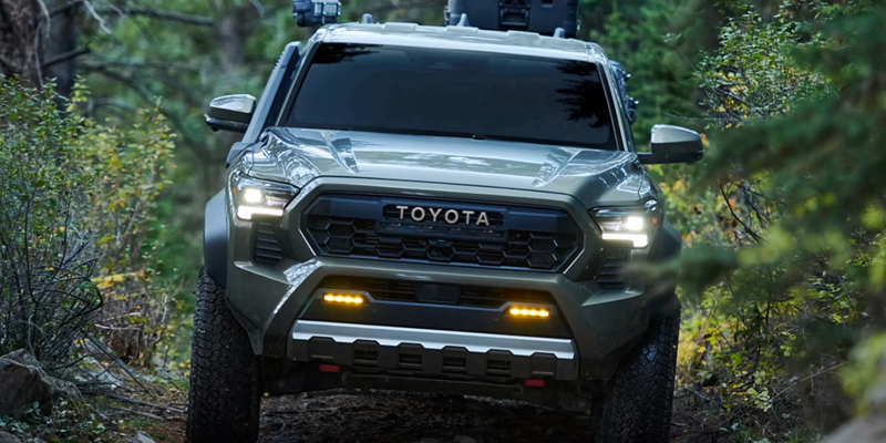 Toyota pickup truck in forest trail

