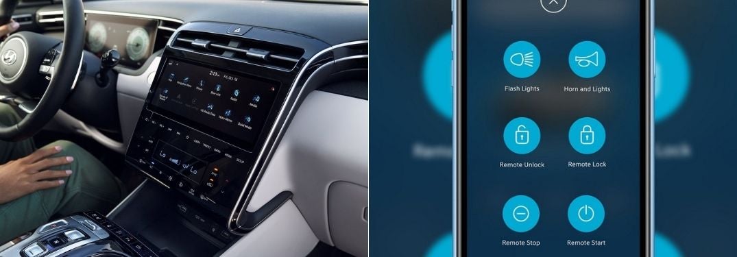 2022 Hyundai Tucson Touchscreen Display and Close Up of Smartphone with Hyundai Blue Link