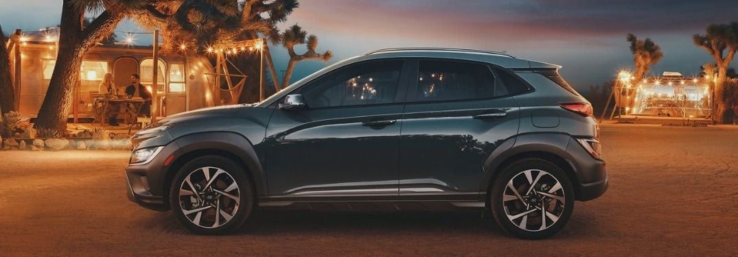 Teal 2022 Hyundai Kona Side Exterior at a Beach