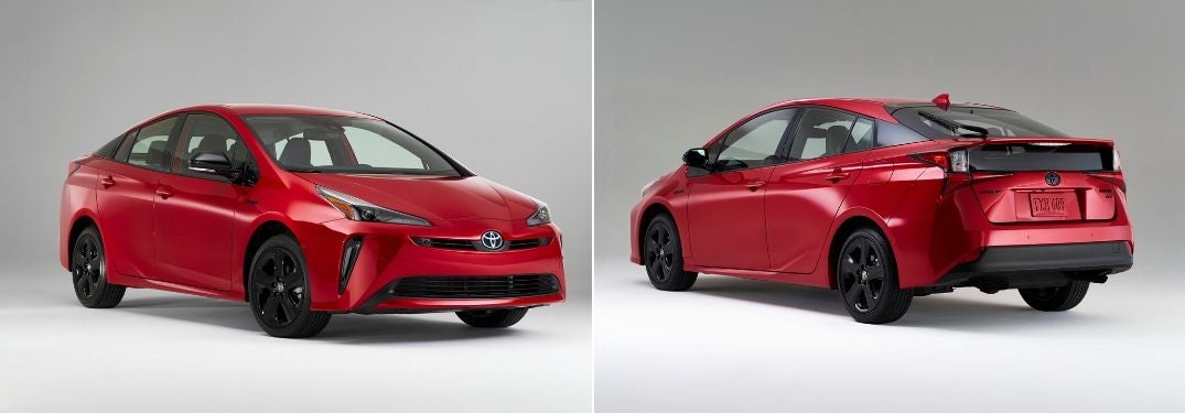 Red 2021 Toyota Prius Front Exterior on a Gray Background and Red 2021 Toyota Prius Rear Exterior on a Gray Background