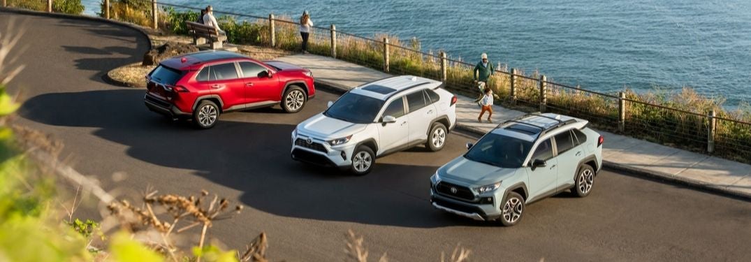 Red, White and Gray 2019 Toyota RAV4 Models Parked Next to the Ocean