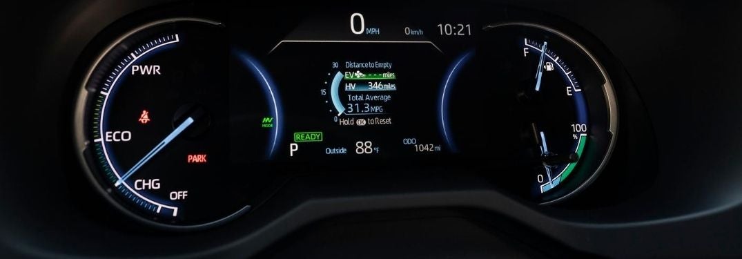 Close Up of 2021 Toyota RAV4 Prime Multi-Information Display with EV Mode Indicator