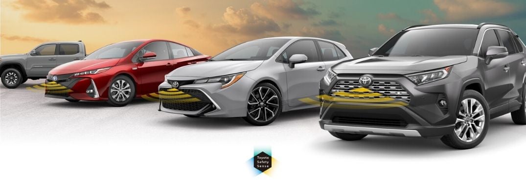 Toyota Models on White and Sky Background with Radar Illustrations and Toyota Safety Sense Logo