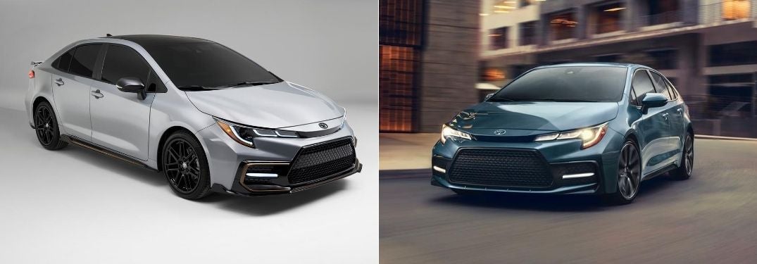Silver 2021 Toyota Corolla Apex Edition on Gray Background vs Green 2020 Toyota Corolla on a City Street