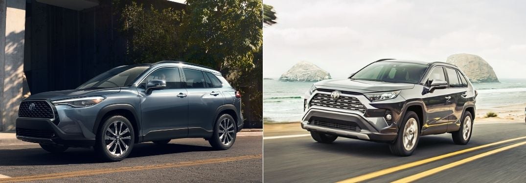 Blue 2022 Toyota Corolla Cross on a City Street vs Black 2021 Toyota RAV4 on Beach Road