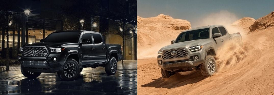 Black 2021 Toyota Tacoma Nightshade Edition on a City Street vs Gray 2020 Toyota Tacoma on Dirt Trail
