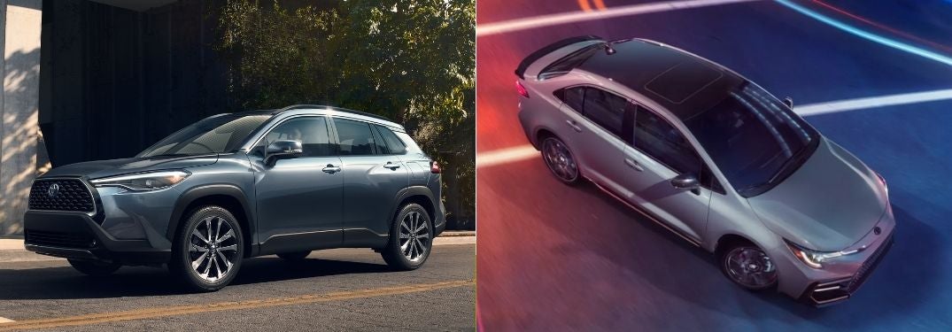 Blue 2022 Toyota Corolla Front Exterior on a City Street vs Overhead View of Silver 2022 Toyota Corolla Sedan on City Street
