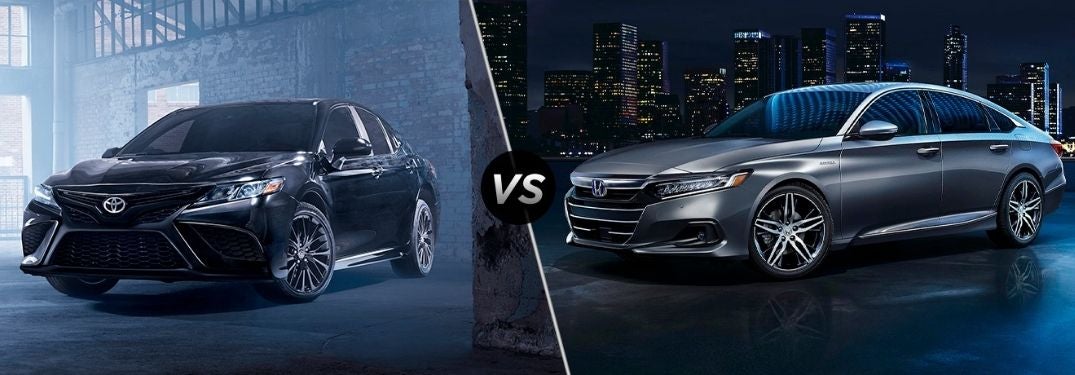 Black 2021 Toyota Camry in Warehouse vs Silver 2021 Honda Accord on a Street at Night