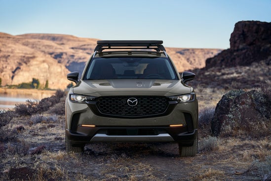 a taupe suv facing the camera parked in a rocky area 