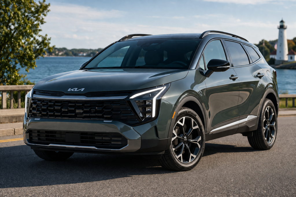 2026 Kia Sportage refresh in dark gray parked beside a waterfront road, showcasing its bold front grille, LED headlights, and modern compact SUV design.